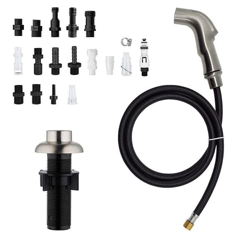 Houtingmaan Kitchen Sink Sprayer Replacement, Side Sprayer, Kitchen Sink Faucet Sprayer Hose,Sprayer Head Replacement,Sink Spray head,17 ADAPTERS,Sink Sprayer Brushed Nickel - Image 1
